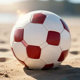 a photo of a white and red soccer ball on the beach ultra realistic, lens flare, atmosphere, glow, detailed, intricate, full of colour, cinematic lighting, trending on artstation, 4 k, hyperrealistic, focused, extreme details, unreal engine 5, cinematic, masterpiece, ultra realistic, hyper realistic, highly detailed, sharp focus, digital art