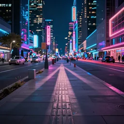 neon metropolis at night, sidewalk view