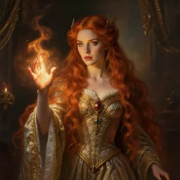 Fantastic, fairytale, portrait,  painting, beautiful!, female mage, long flowing red hair, light emitting from fingertips, ornate gown, smoldering, serious, royalty kingdom, royal court