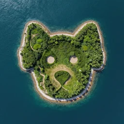 a naturalistic bbc picture an island with the shape of a dog face, view from a drone