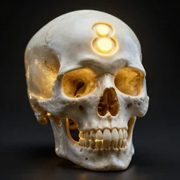glowing skull with number 8 embossed on forehead, detailed, realistic, photo, 3D
