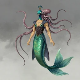 concept designs for an ethereal peacock eel mermaid with a squid like parasite latched onto its head and long tentacle arms that flow lazily but gracefully at its sides, art by yuji ikehata and satoshi kon, background art by miyazaki, realism, proper human male proportions, fully clothed, for resident evil