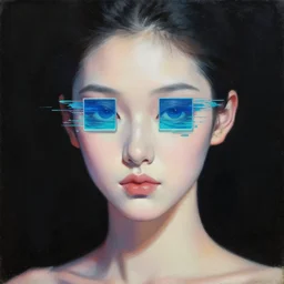 hyperrealism oil painting, black background, close - up portrait of cyborg fashion model with pale skin in soft light, glitched ocean square instead of eyes, in style of classicism mixed with 8 0 s japanese sci - fi books art