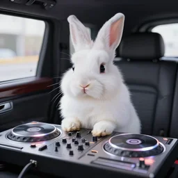 super cute fluffy white bunny rabbit in the back of a limo DJing with DJ turntables, photoreal