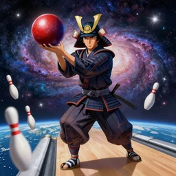A japanese samurai holding a bowling ball, floating pins, beautiful galaxy, earth in the distance, award winning, amazing detail, digital drawing, artstaion