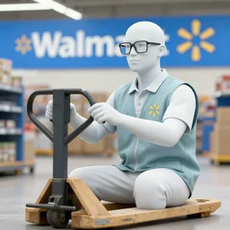 hyperrealistic photo of a pale white walmart employee using a pallet jack, wearing a walmart vest, with square glasses, sitting, 8 k octane beautifully detailed render, post - processing, extremely hyperdetailed, trending on artstation