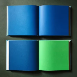 flatlay book collection, vivid colors, dramatic lighting, blue and green