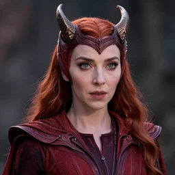 A portrait of elizabeth as scarlet witch with horns, cinematic, digital art, amazing detail