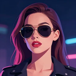 flat portrait art of an beautiful stylish beautiful cyberpunk woman wearing oversized aviator sunglasses atmosphere, glow, shaded, full of colour, cinematic lighting, trending on artstation, 4 k, focused, vector, by patrick nagel, simple bold clean lines