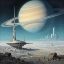 a gorgeous bleak and desolate sci - fi painting by john harris, sparth and greg rutkowski. space base, beyond the horizon, future city skyline!! huge saturn. tiffany blue, grey orange, white and golden. ultra clear detailed. 3 d, octane render. 8 k
