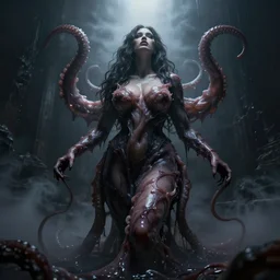 hyperrealistic dark beautiful curvy female figure, trapped in slimy tentacles, smoky bleak nightmare background, light from above