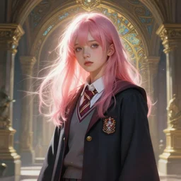 portrait of an innocent lost college girl with pink hair, magic school uniform, fantasy building, intricate, sharp focus, lens flare, bloom, rim light, illustration, highly detailed, digital painting, concept art, matte, art by wlop and artgerm and greg rutkowski and alphonse mucha, masterpiece