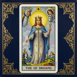 beautiful tarot card of the queen of dreams by carol bak and dan mumford and alex grey, oil on canvas, intricate border, symmetrical, portrait, 8k highly professionally detailed, HDR, CGsociety