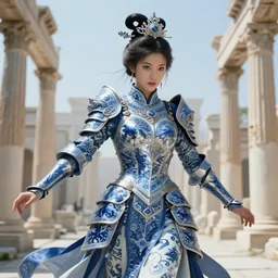 knights of zodiac girl, chinese blue and white porcelain reflected armor, fight cinematic shot, in ruined agora of athens, ssci - fi and fantasy, intricate and very very beautiful and elegant, highly detailed, digital painting, artstation, concept art, smooth and sharp focus, illustration, art by tian zi and wlop and alphonse mucha