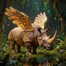 winged rhino in a lush trunda vegetation, water reflection, night, backlit, warm tones, bioluminescent : : by michal karcz, daniel merriam, victo ngai and guillermo del toro : : ornate, dynamic, particulate, intricate, elegant, highly detailed, centered, artstation, smooth, sharp focus, octane render, 3 d