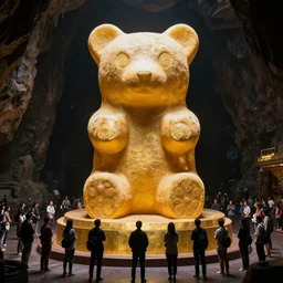 a stunning image of a giant gummy bear on a golden pedestal, many people worshipping, dark cave like surrounding.