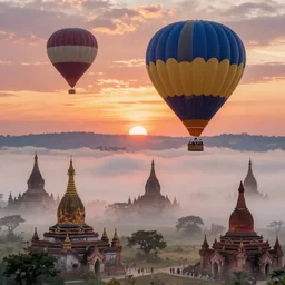 a stunning ultra detailed fantasy national geographic photo of a hot air balloon above burmese pagodas, cloud layer, by gediminas pranckevicius and tomasz alen kopera, fog layer, sunset sky, artstation, 8 k, deep depth of field, golden hour hues, vibrant colors, hyper realistic