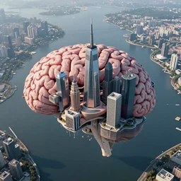 aerial view of a floating city that looks like a brain