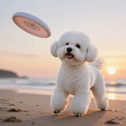 a photorealistic image of a large knitted white bichon fetching a frisbee during sunset at the beach Trending on artstation, featured on Behance, well-rendered, Unreal Engine, 4K HD