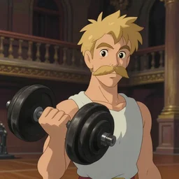 animation still frame of an athletic blond man with a blond mustache, he lifts a big dumbbell, high angle closeup portrait, blurry background of le grand theatre in bordeaux, disney, pixar, bloom, medium shot, dramatic lighting, in the style of studio ghibli, j. c. leyendecker, greg rutkowski, artgerm