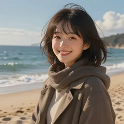 Portrait of a happy anime woman on the beach near the ocean, james gilleard, very comfy