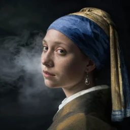 a woman's face in profile, made of mist, in the style of the dutch masters and gregory crewdson, dark and moody