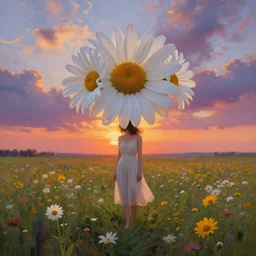 giant daisy flowers on head, full body girl standing in a flower field, surreal photography, sunrise, dramatic light, impressionist painting, colorful clouds, digital painting, artstation, simon stalenhag