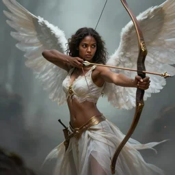 a beautiful angelic woman, dark skin, wielding a bow, fantasy art, art by greg rutkowski and artgerm, amazing detail, illustration, epic,, artstation, concept art, sharp focus, cinematic