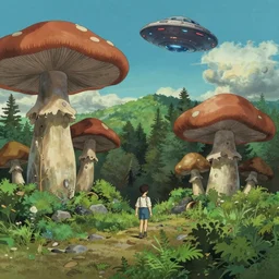 illustration of an aereal view of a forest landscape, a man walking, giant mushrooms, a ufo in the sky, unknown planet, by studio ghibli, tex avery. anime film, cinematic shot, artstation, insanely detailed, 4 k.