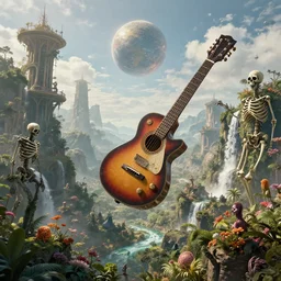 the simulation is set to fly through the orb of madness, celestial towers, skeleton guitar surreal, mountainous terrains filled with lush with flora and waterfalls, simulacrums, by antoine wiertz and noah bradley, visually stunning, cinematic, ultra realistic, hyper realism, 1 2 k, epic, octane render, unreal engine, vfx, maya