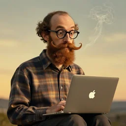 goofy man with a brown beard, oversized brown mustache, glasses, plaid shirt, : : apple laptop in his lap, golden hour, wisps of smoke, mystical yet whimsical. style of magritte, by bosch, in the style of salvador dali, digital art, trending on artstation, highly detailed, surreal