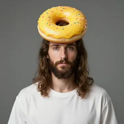 8k photography from Jesus with a yellow Donut as hat, portrait