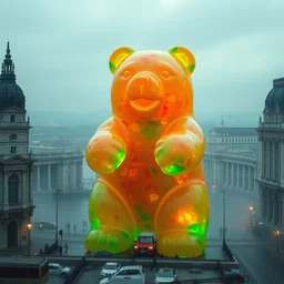 a stunning extremely realistic photography of giant translucent colorful gummy bears destroying budapest, gozilla size, cinematic footage, by denis villeneuve, ridley scott