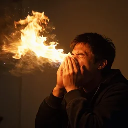 man sneezes fire