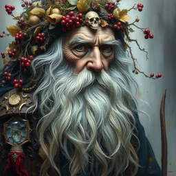 portrait of gandalf with intricate detailed color smashing fluid oil paint and acrylic on the body, berries and dried moss and dried autumn leaves headdress, haunting, elite, elegant, melting wax, mycelia, abstract impressionism, ruan jia, dark fantasy, hyper detailed, concept art, by gustav klimt, lotr