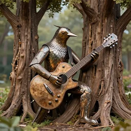 metallic bird is playing guitar made of giant trees