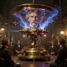 nikola tesla from the prestige film testing his antigravity machine in his laboratory ( ( steampunk ) ), extremely detailed face, octane renderer 8 k sparsely lit art by artgerm and greg rutkowski and alphonse mucha, plasma rays, sparks, victorian age