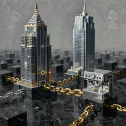 A beautiful hyper realistic detailed painting of a chain of blocks, a cybernetic symbiosis of 2 gigantic tall skyscaper sized quantum computers and a block espresso machine on a vast black granite, monolithic blocks connected by gold and silver and brass cables and chains, by Beksinski, beeple, unreal engine