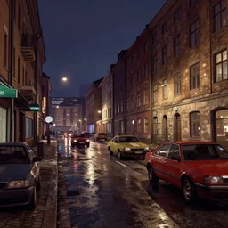 concept art, wet helsinki street at night, in the style of grand theft auto gameplay