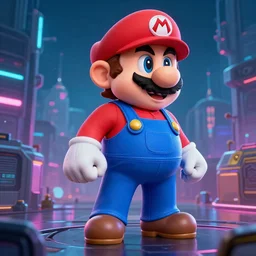 realistic concept art of cyberpunk - themed mario from super mario bros