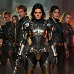 kendall jenner wearing metal gear armor holding gun dramatic lighting art by brandon anschultz by yoji shinkawa by richard schmid by greg rutkowski by sandra chevrier by jeremy lipking cinematic dramatic brush strokes background