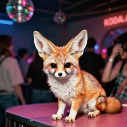 kodak ultramax 4 0 0 photograph of a fennec fox in disco club, grain, faded effect, vintage aesthetic, vaporwave colors, disney, cute, furry, zootopia