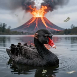 a black swan has an ape head, ape eyes, swimming in the lake as a volcano is erupting money instead of lava as background. portrait photography, high definition, 4 k, 8 k, popular on national geographic, highly detailed feathers.