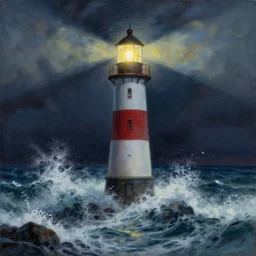 A beautiful painting of a singular lighthouse, shining its light across a tumultuous sea of rage by greg rutkowski and thomas kinkade, Trending on artstation.