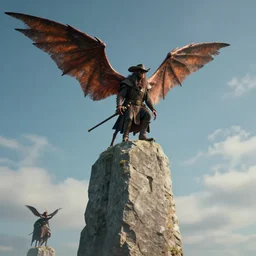 by dave melvin and karl kopinski, visually stunning, cinematic, ultra realistic, hyper realism, 1 2 k, epic, octane render, unreal engine, vfx, maya, a small winged creature lands on the very top of the monolith : strong dmt vibes, cowboy plague doctor : kitesail cleric, legion angel : applied biomancy
