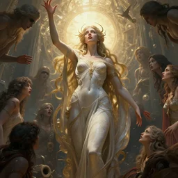 portrait of Catriona Gray as a  ever reaching  Goddess of despair, cinematic, intricate story, blind and hungry souls around. a futuristic diety, fantasy, intricate, elegant, human anatomy, natural light, golden hour, highly detailed, digital painting, artstation, wide angle, smooth, sharp focus, illustration, art by brom, tian zi and WLOP and alphonse mucha, masterpiece, 3d blender, mitch foust, Clyde Caldwell, dof