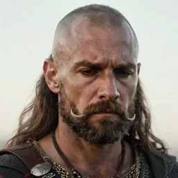 close up, portray of fantasy barbarian, horseshoe mustache, shaved head. sad and remorseful face expressen. trending on artstation, octane renders