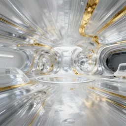 a futuristic spaceport by cy Twombly and BASTIEN LECOUFFE DEHARME, silver White and gold, iridescent, volumetric lighting