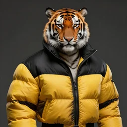 commission portrait of a male anthro tiger wearing a black and yellow padded puffed up jacket.dramatic,character design by charles bowater,greg rutkowski,ross tran,hyperdetailed,hyperrealistic,4k,deviantart,artstation,professional photography,concept art