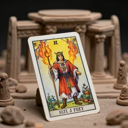 cinestill 5 0 d, 8 k ; esoteric ultra realistic seinen manga major arcana the magician in ronin ( 1 9 9 0 ) film still temple scene in frontiers in macro clay photography architectural studio june closeup 3 / 4 portrait edition, hyperrealistic real - life flaming tarot card porcelain occult figurine portrait, eye contact, tilt shift wide shot zaha hadid scene background